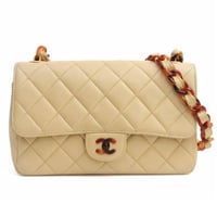 CHANEL Single Flap Bag with Tortoiseshell Chain Quilted Lambskin Beige ＃74870