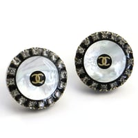 CHANEL CC Logo Round Clip-On Earrings Crystal Gold-toned 97A  #19158