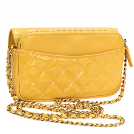 CHANEL Classic Flap Phone Holder with Chain Quilted Patent Leather Yellow #73472