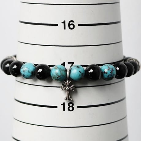 Chrome Hearts CH Cross 8mm Beaded Bracelet Black Tourmaline Turquoise #103459
