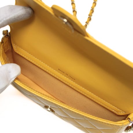 CHANEL Classic Flap Phone Holder with Chain Quilted Patent Leather Yellow #73472