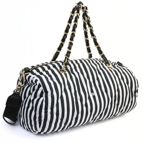 CHANEL Coco Beach Collection CC Logo Bowling Bag Quilted Striped Nylon #19273