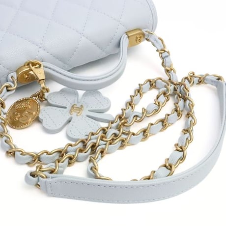 CHANEL Mini Top Handle Flap Bag with Clover Charm Quilted Caviar Pale Blue #19250