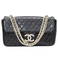 CHANEL Medium Westminster Pearl Flap Bag Quilted Lambskin Black ＃74719