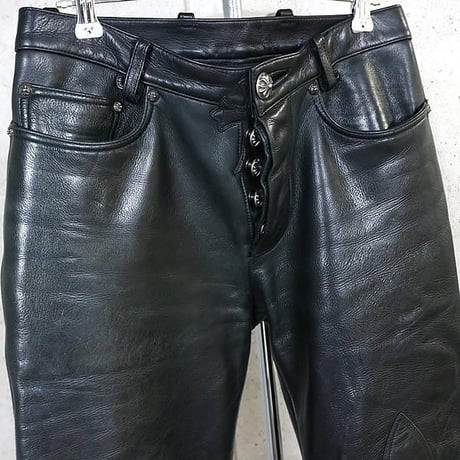 Chrome Hearts Fleur Knee Leather Pants with Cross Patch #102433