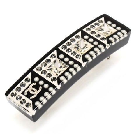 CHANEL Hair Barrette Resin Faux Pearl Crystal Silver-toned 18S #74839
