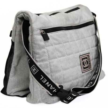 CHANEL Sports Line Chocolate Bar Messenger Bag Quilted Fabric Gray #74405