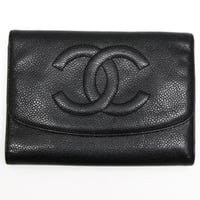 CHANEL CC Logo Trifold Wallet Caviar Black #75200