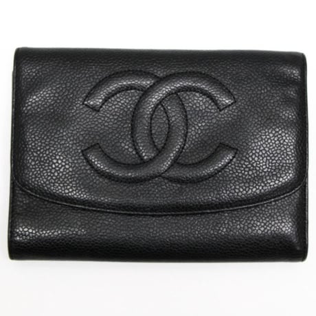 CHANEL CC Logo Trifold Wallet Caviar Black #75200