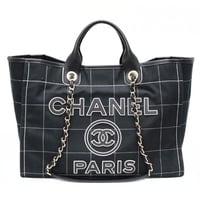 CHANEL Medium Deauville Tote Bag Square Stitch Cotton Canvas Black #74406
