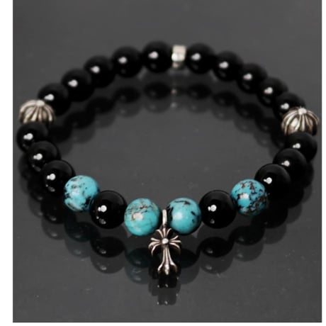 Chrome Hearts CH Cross 8mm Beaded Bracelet Black Tourmaline Turquoise #103459