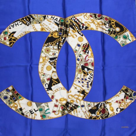 CHANEL Vintage Silk 100% Scarf Stole Blue #72494