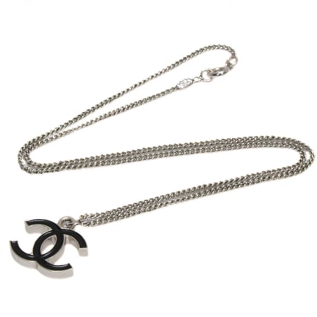 CHANEL CC Logo Pendant Necklace Silver-toned Black 04A #73950