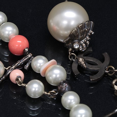 CHANEL Long Necklace Crystal Faux Pearl Silver-toned Pink 05C #72084