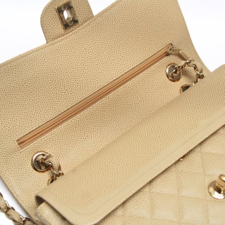 CHANEL Classic 25 Medium Double Flap Bag Quilted Caviar Beige ＃74654