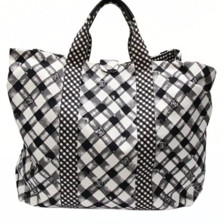 CHANEL Cruise Line Tote Bag Gingham Printed Canvas Black White #74316