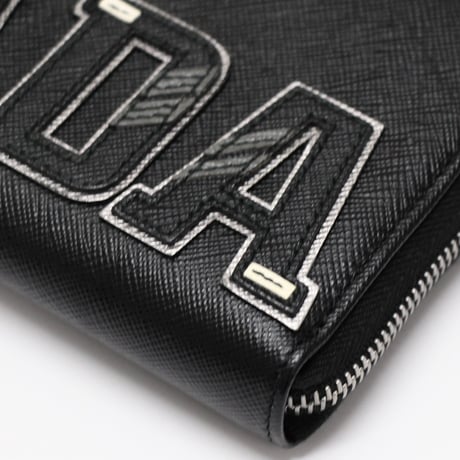 PRADA Logo Patches Zip-around Wallet Saffiano Leather Black 230-E #75058