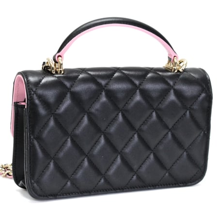 CHANEL Top Handle Flap Wallet on Chain Quilted Lambskin Black Pink #74657