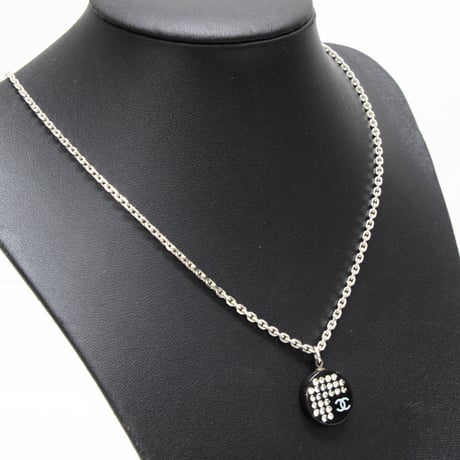 CHANEL CC Logo Rounded Pendant Necklace Resin Silver-toned Black 05P #75107