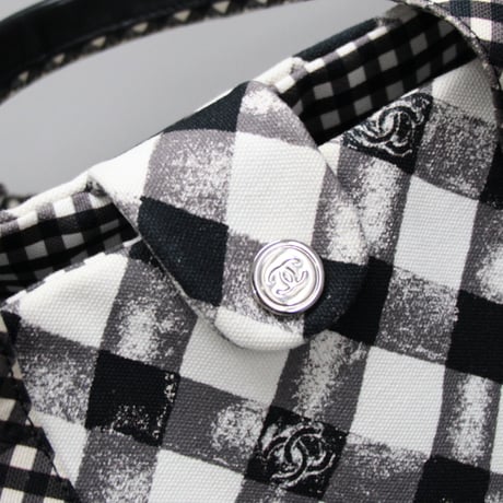 CHANEL Cruise Line Tote Bag Gingham Printed Canvas Black White #74316