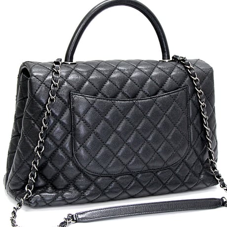 CHANEL Large Coco Handle Flap Bag Quilted Caviar Black ＃73169