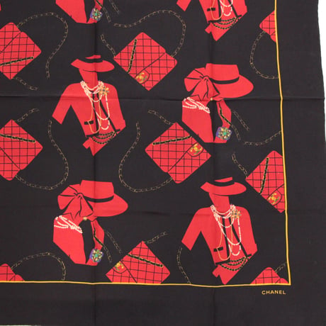 CHANEL Vintage Silk 100% Scarf Stole Red/Black #72498
