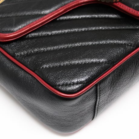 GUCCI Medium GG Marmont Flap Bag Quilted Leather Black Red #72918
