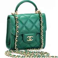 CHANEL Top Handle Flap Coin Purse with Chain Quilted Lambskin Green #74650