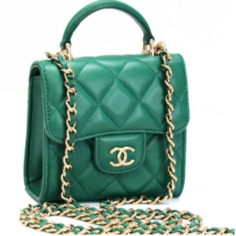 CHANEL Top Handle Flap Coin Purse with Chain Quilted Lambskin Green #74650