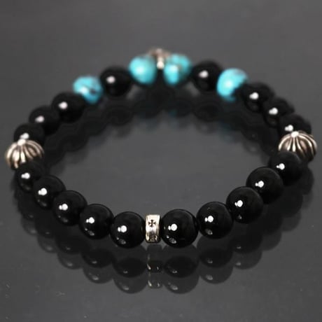 Chrome Hearts CH Cross 8mm Beaded Bracelet Black Tourmaline Turquoise #103459