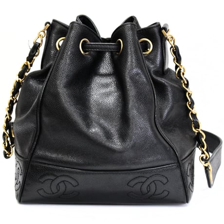 CHANEL CC Logo Drawstring Bucket Bag Caviar Black #74708