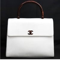 CHANEL Top Wood Handle Flap Bag Caviar White #74869