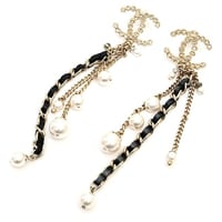 CHANEL CC Logo Chain Dangle Pierced Earrings Faux Pearl Crystal Gold-toned A18B #18827