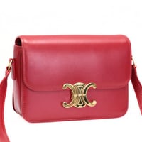 CELINE Teen Triomphe Shoulder Bag Calf Leather Red #74419