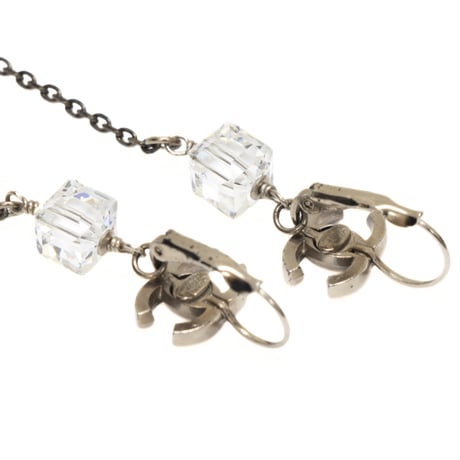 CHANEL CC Logo Acrylic Cube Dangle Pierced Earrings Silver-toned 08P ＃74090