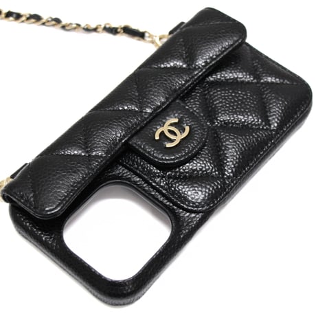 CHANEL iPhone14 Pro Case with Chain Quilted Caviar Black #74659