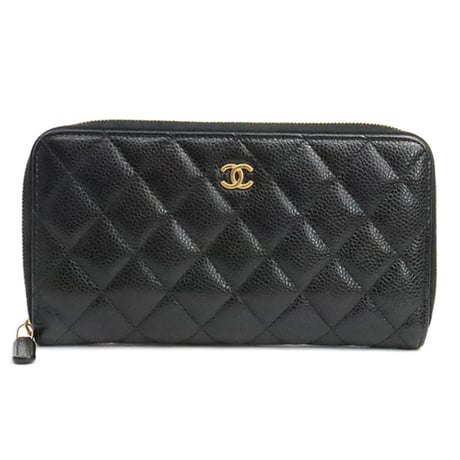 CHANEL Zip-around Wallet Quilted Caviar Black #19350