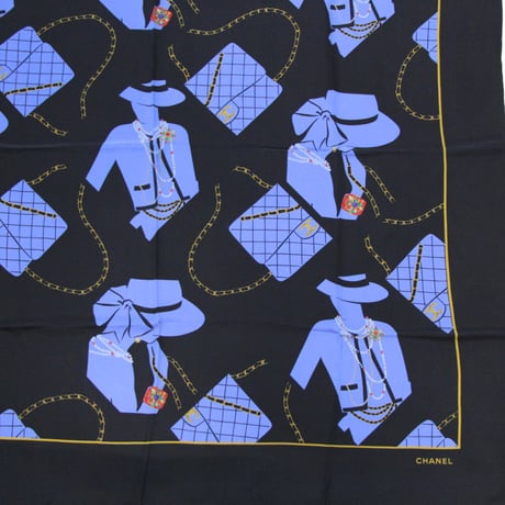 CHANEL Vintage Silk 100% Scarf Stole Blue/Black #72501