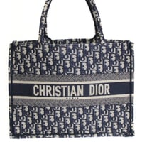 Christian Dior Medium Book Tote Bag Oblique Embroidery Canvas Navy #74069
