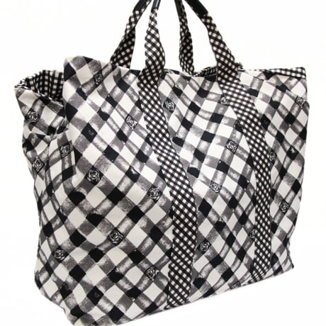 CHANEL Cruise Line Tote Bag Gingham Printed Canvas Black White #74316