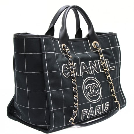 CHANEL Medium Deauville Tote Bag Square Stitch Cotton Canvas Black #74406