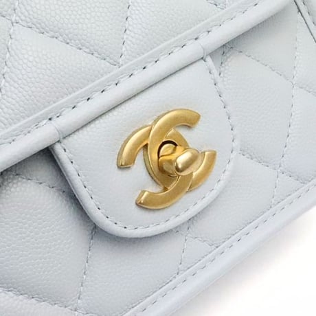 CHANEL Mini Top Handle Flap Bag with Clover Charm Quilted Caviar Pale Blue #19250