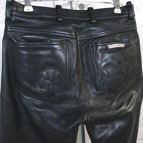 Chrome Hearts Fleur Knee Leather Pants with Cross Patch #102433