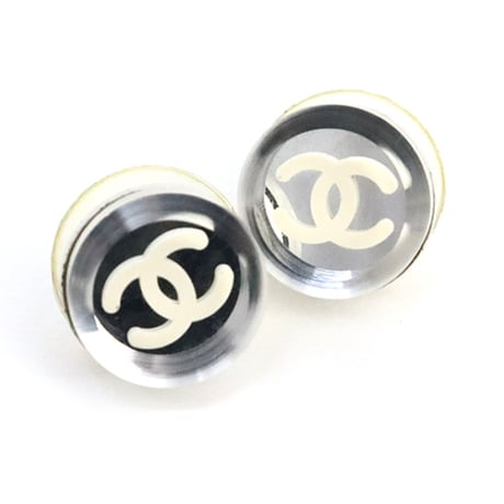 CHANEL CC Logo Button Pierced Earrings Silver-toned 03C #18151