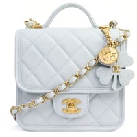 CHANEL Mini Top Handle Flap Bag with Clover Charm Quilted Caviar Pale Blue #19250
