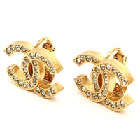 CHANEL CC Logo Motif Clip-on Earrings Crystal Gold-toned #18825
