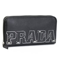 PRADA Logo Patches Zip-around Wallet Saffiano Leather Black 230-E #75058