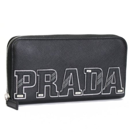 PRADA Logo Patches Zip-around Wallet Saffiano Leather Black 230-E #75058