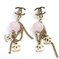 CHANEL CC Logo Camellia Chain Dangle Pierced Earrings Gold-toned 10P #19212