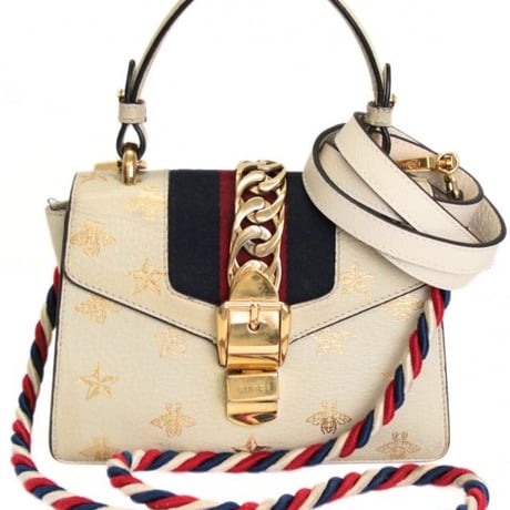 GUCCI Mini Sylvie Bee Star Top Handle Flap Bag Leather Ivory #72922